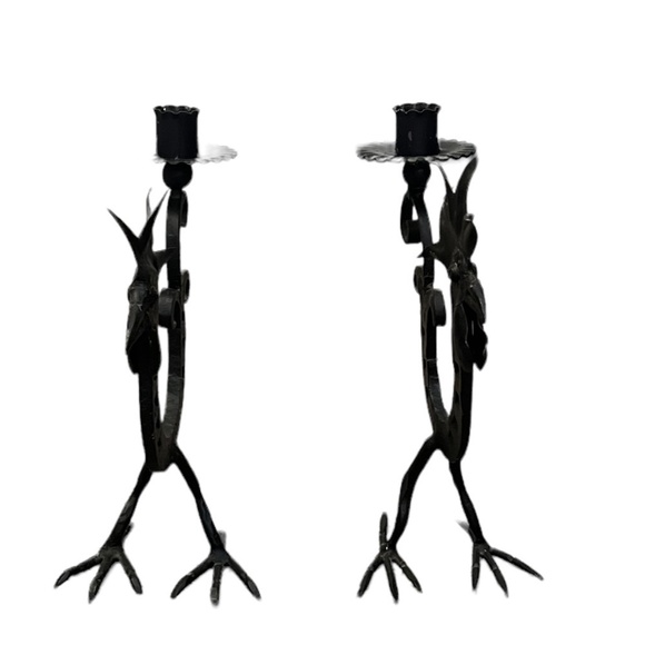 Set Of 2 Wrought Iron Rooster Candlestick Holder Horshoe Folk Art - Picture 3 of 14